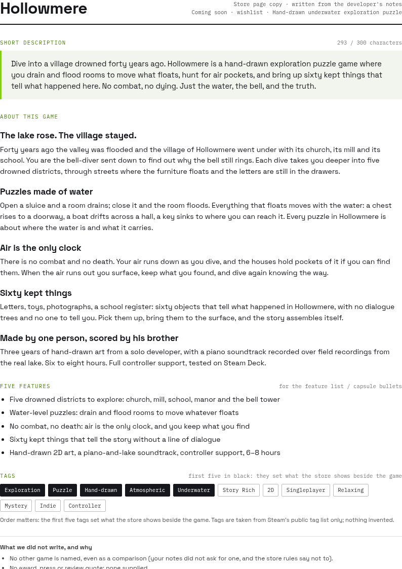 The sample store page copy, page one